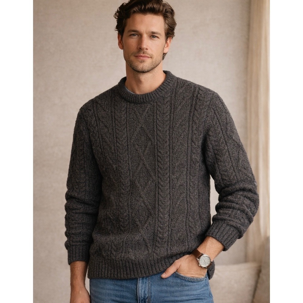 British Wool Naturally Cable Knit Sweater Mens L Grey 100% Wool Made in UK